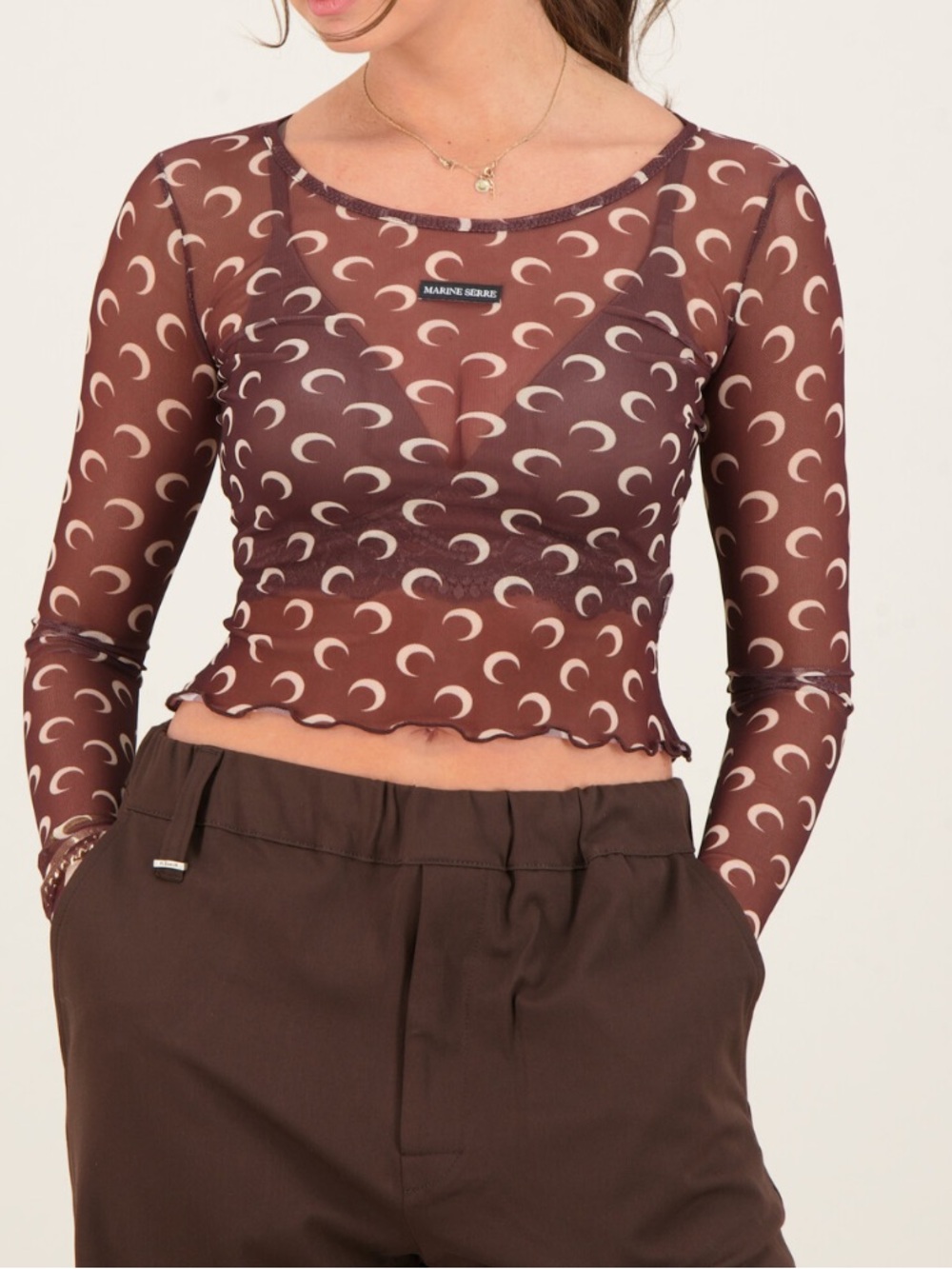 Marine Serre Brown Moon-Print Cropped Long Sleeve Top and matching sheer pants - Picture 2 of 11